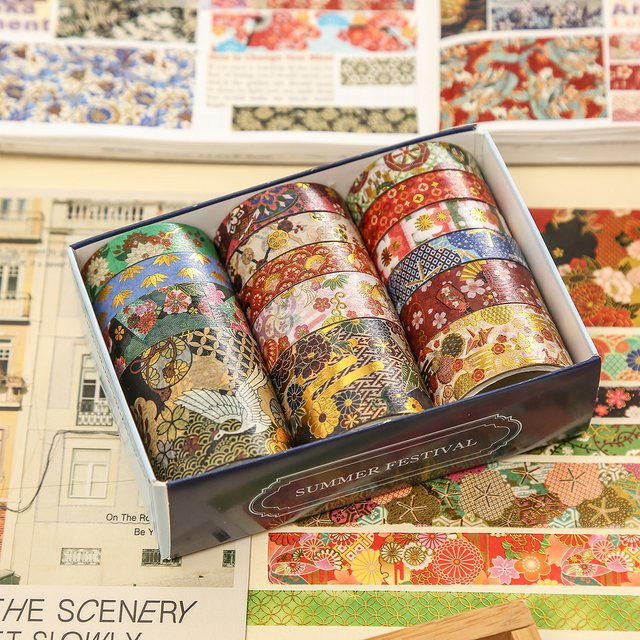 Washi-Tape-Set mit Goldfolie und Blumenmuster in Multicolour, 15 Rollen dekoratives Kirschblüten-Klebeband aus Papier für dein DIY-Tagebuch und Scrapbook-Zubehör - Bild 1