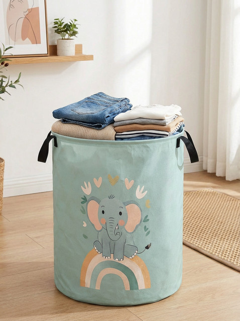 Faltbarer Wäschekorb mit Cartoon-Elefant aus Canvas in Grün für Spielzeug und Kleidung - Bild 1