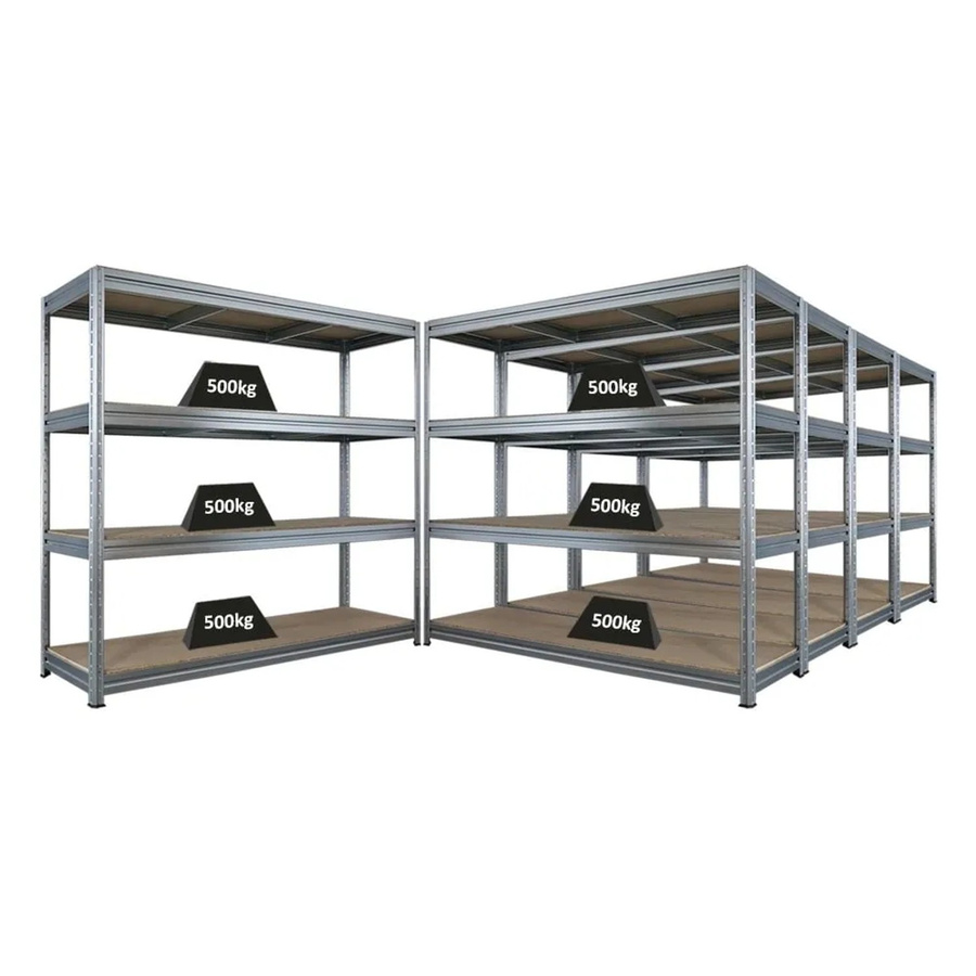 5x PROREGAL Schwerlastregal Dino Set, silber, 4 verstellbare Spanplatten-Ebenen, Fachlast 500kg, H x B x T: 180 x 200 x 60 cm - Bild 2