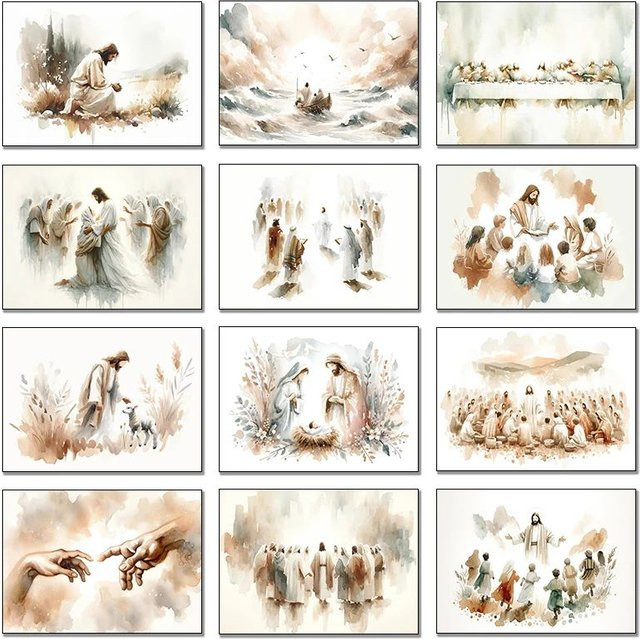Christliche Leinwandmalerei Aquarell Jesus mit Kindern und das letzte Abendmahl als Wandkunst Poster in Mehrfarbig - Bild 1