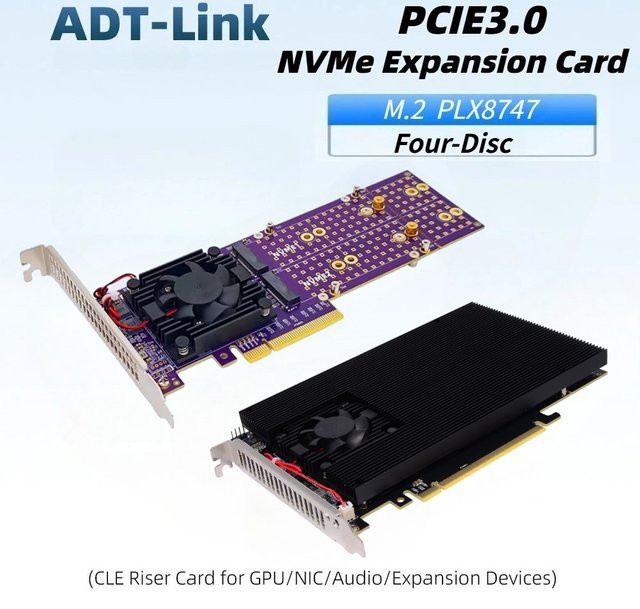 ADT-Link Split-Free PLX8747 PCIe 3.0 Erweiterungskartenmodul mit Vierfach-NVMe 3.0 x4 Support und Radiator in Schwarz - Bild 1