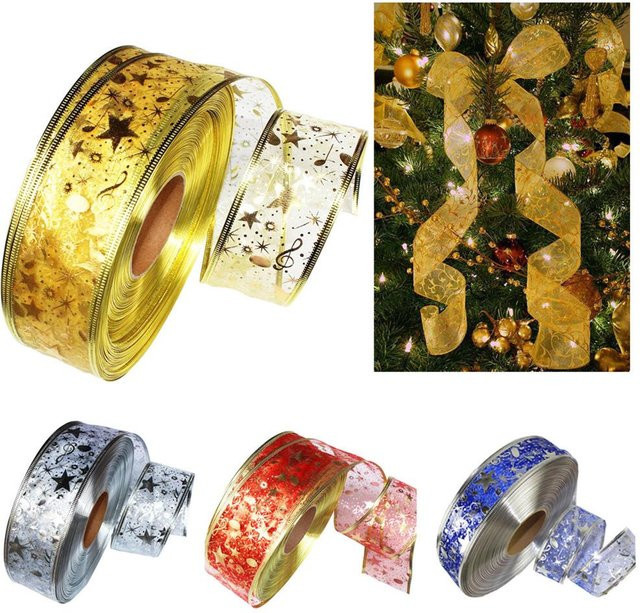 TOMTOP JMS Organzaband mit Sternprint in Schwarz und Gold, 4 Rollen à 2m für Geschenkverpackungen und Weihnachtsdekoration - Bild 1