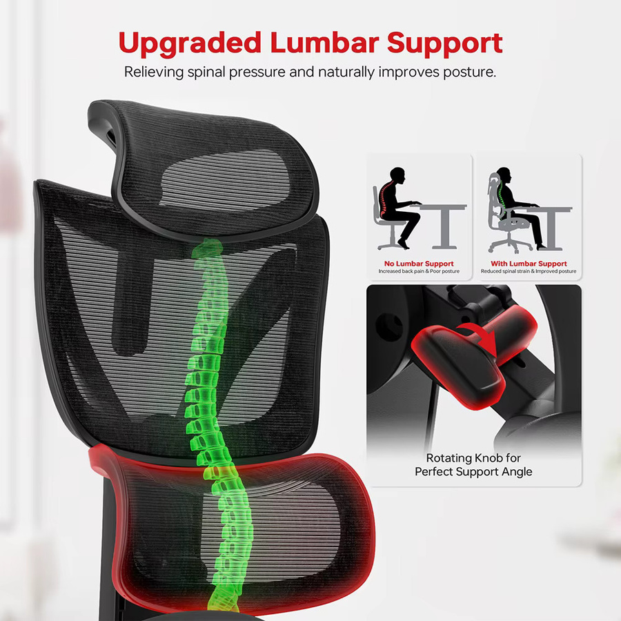 ACGAM CG-5245M Ergonomischer Gaming-Stuhl in Schwarz mit atmungsaktivem Netzstoff, verstellbarer Lendenwirbelstütze, 3D-Armlehnen und 2D-verstellbarer Kopfstütze - Bild 8