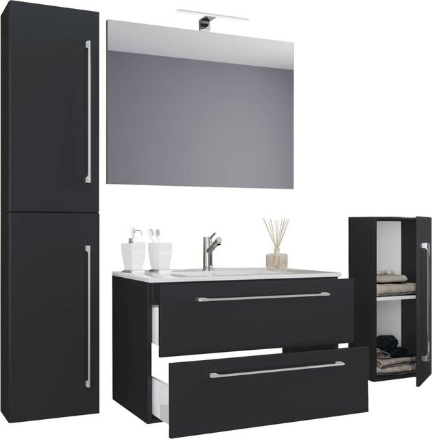 VCM Badmöbel-Set Badinos in Schwarz, 5-teilig mit Waschtisch, Spiegelschrank und Hochschrank, B/H/T: 80 x 150 x 46 cm - Bild 2