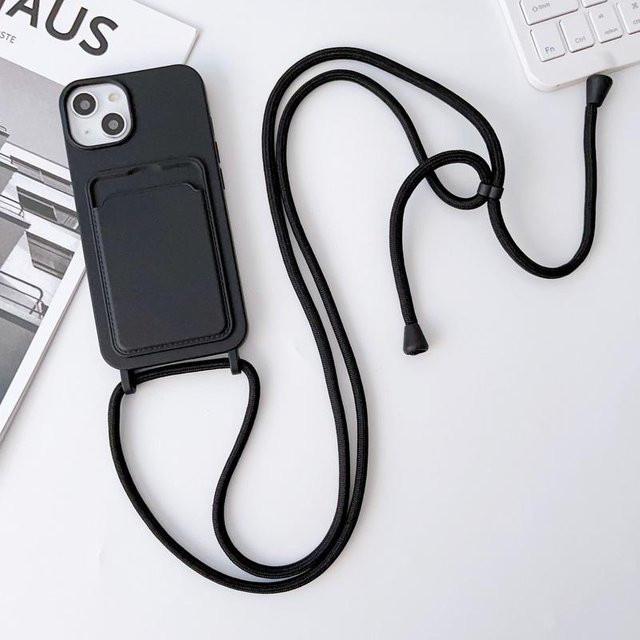 Luxus Handyhülle mit Geldbörse und Lanyard-Trageband für iPhone 11 bis iPhone 17 Pro Max von Happyday in Schwarz - Bild 1
