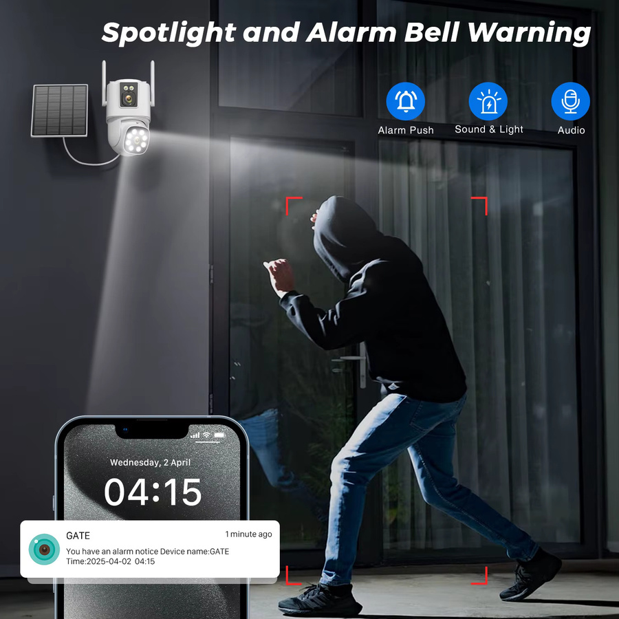 Abuntu 8MP 4K Solarkamera Outdoor mit Dual Lens und Dual Screen, Wifi Überwachungskamera mit 24 Stunden Aufnahme und Nachtsicht, Weiß - Bild 5