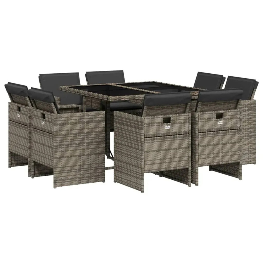 vidaXL 9-teilige Garten-Essgruppe aus Poly-Rattan mit Kissen in Grau und pulverbeschichtetem Stahl mit Hartglas-Tischplatte - Bild 2