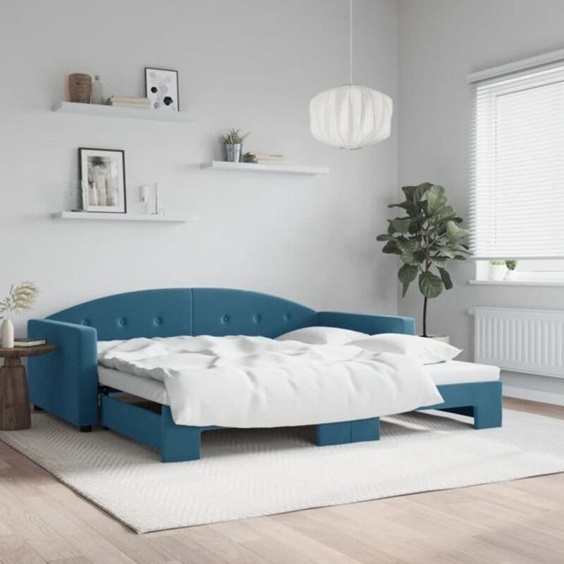 Ausziehbares Funktionsbett Vidaxl in Blau aus Samt und Massivholz mit Maßen B: 100 cm, L: 200 cm - Bild 1