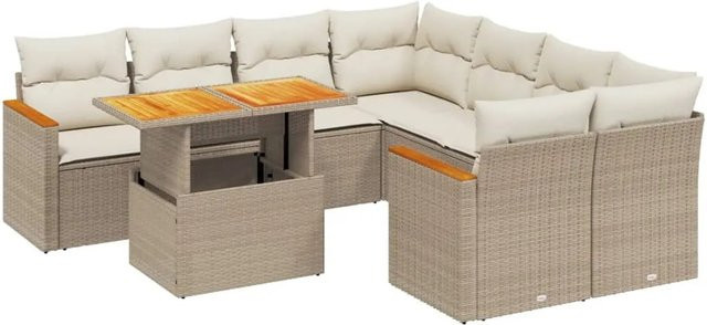 vidaXL 9-tlg. Garten-Sofagarnitur in L-Form aus Poly-Rattan und Akazienholz mit Kissen, Beige/Cremeweiß - Bild 1