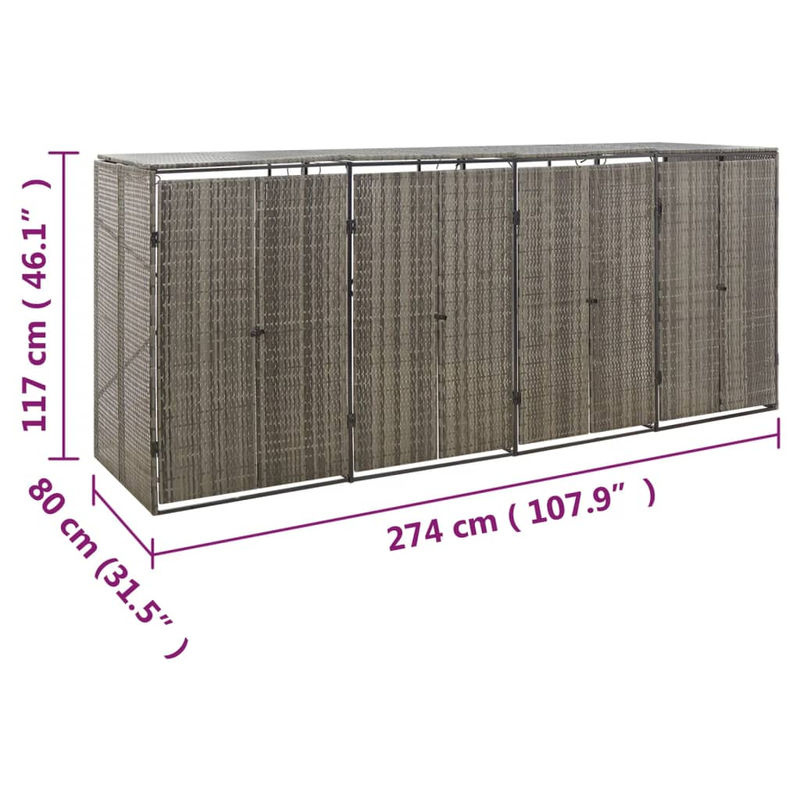 vidaXL Mülltonnenbox für 4 Mülltonnen aus Polyrattan in Grau, B/T/H: 274 x 80 x 117 cm - Bild 5