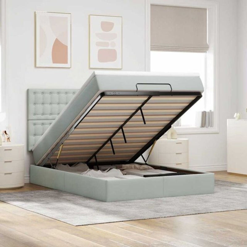 Vidaxl Ottoman Polsterbett mit Matratze aus Samt und Metall in Grau, B/T/H: 140 x 200 x 128 cm - Bild 1