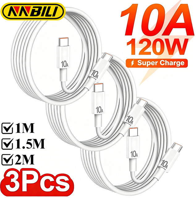 NNBILI 3er-Set Universal 120W 10A PD Dual Typ C Schnellladekabel in Weiß für iPhone, Samsung und HUAWEI - Bild 1