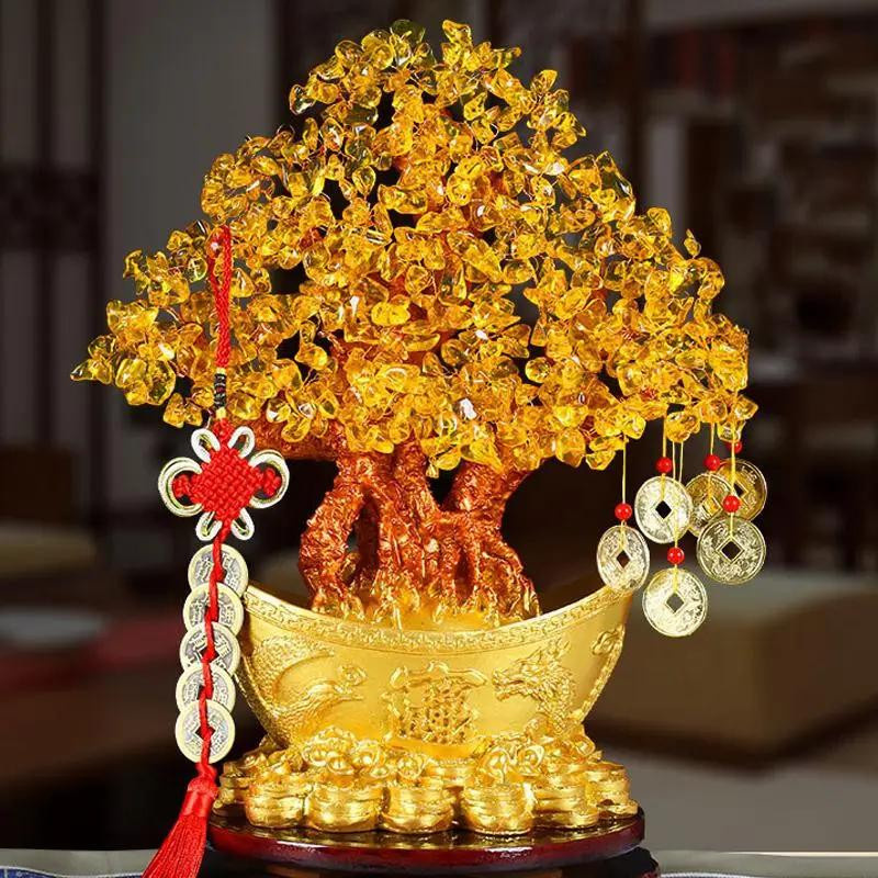 Yiran Furniture Glücksgeldbaum mit chinesischen Goldbarren und Kristallen in Gold für Feng Shui als Tischdekoration - Bild 2