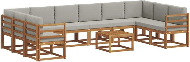vidaXL Outdoor-Sofagarnitur 11-teilig aus Akazienholz in Natur mit hellgrauen Polsterkissen im L-Shape Design - Bild 1