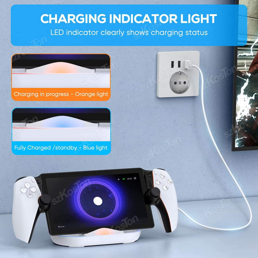 SZKOSTON Ladestation für Playstation Portal mit RGB-Licht und USB-C-Kabel, Weiß - Bild 4
