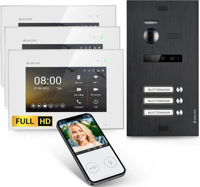 Balter EVO-HD Video-Türsprechanlage mit App für Dreifamilienhäuser inklusive 3x 7 Zoll Monitor in Weiß-Schwarz - Bild 1