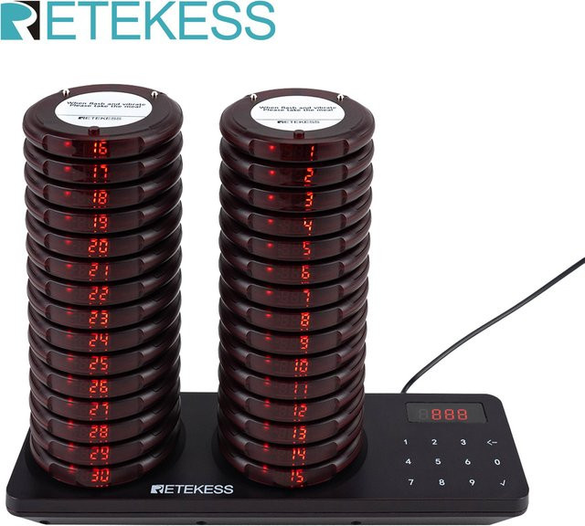 RETEKESS TD163 Drahtloses Restaurant-Rufsystem in Schwarz mit 30 Coaster-Buzzern und Vibrations- sowie Klingelempfängern für Food Truck, Café und Bar - Bild 1