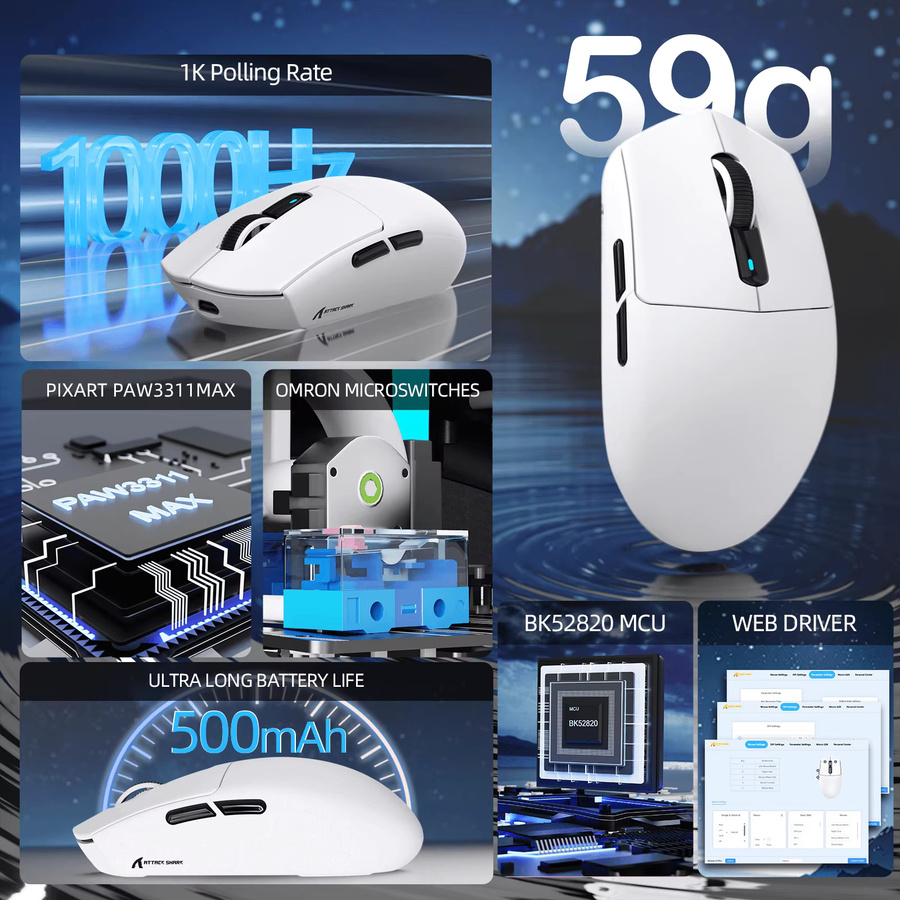 ATTACK SHARK G3PRO Gaming-Maus mit magnetischer Ladestation, PixArt PAW3311 Sensor, kabellos via Bluetooth oder 2,4 GHz sowie kabelgebunden, Farben: Schwarz oder Weiß - Bild 2