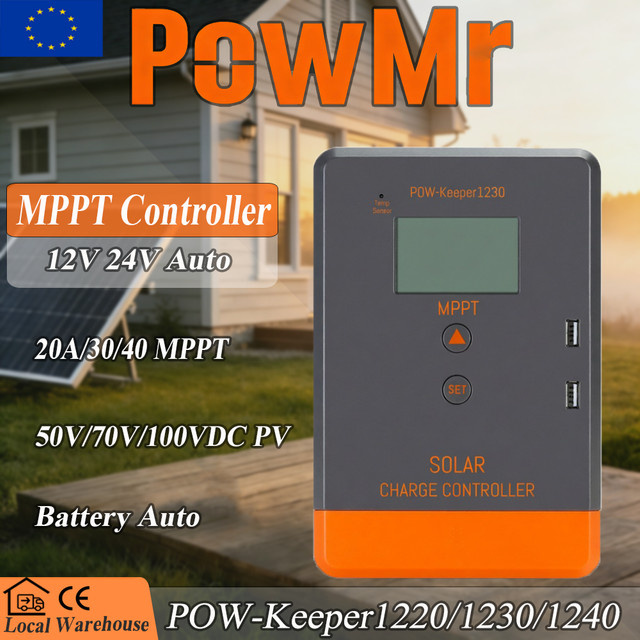 PowMr MPPT Solarladeregler für 12V/24V mit LCD-Display und Dual-USB, grau, unterstützt LiFePO4, GEL und versiegelte Batterien - Bild 1