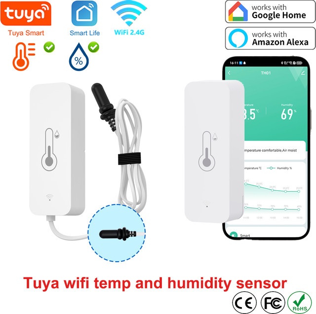 Tuya WLAN Temperatur- und Feuchtigkeitssensor mit externer Sonde in Weiß, intelligenter Sensor mit App-Fernsteuerung, kompatibel mit SmartLife, Yandex und Alexa - Bild 1