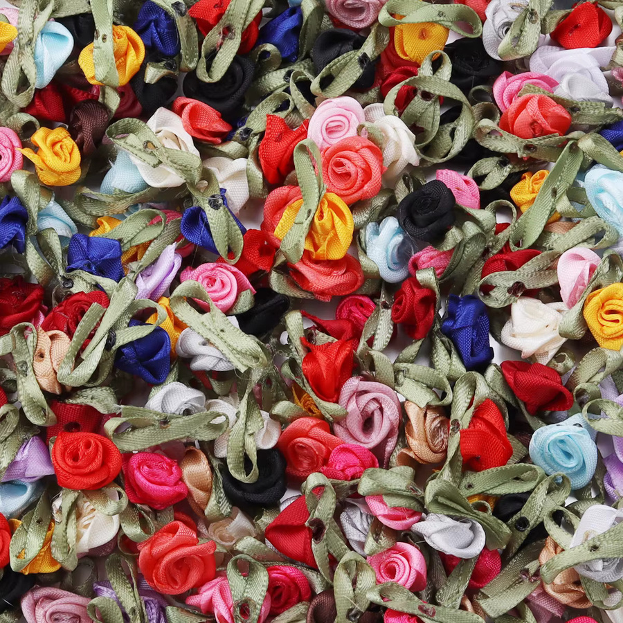 50 Stück Satinband-Rosenblumen mit grünen Blättern in Pink und Multicolour für DIY-Dekorationen, Nähen und Hochzeiten - Bild 4