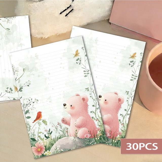 30 Blatt B5-Briefpapier mit rosa Bärenmotiv und Aquarell-Design, liniertes Notizblock-Set in Pink und Weiß - Bild 1