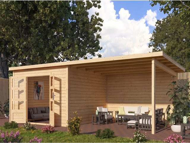 Karibu Gartenhaus Wacken Log Cabin mit Anbaudach in Natur, Wandstärke 28 mm, B/T/H: 725 x 361,5 x 216,5 cm - Bild 1