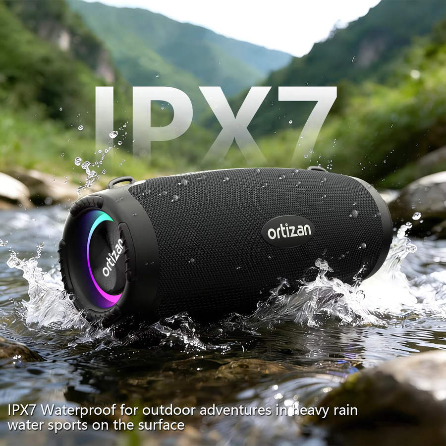 Ortizan M8 Kabelloser Bluetooth-Lautsprecher mit 60W Leistung, IP67 wasserdicht, Partybeleuchtung und Auracas Sync 100+, Schwarz - Bild 4