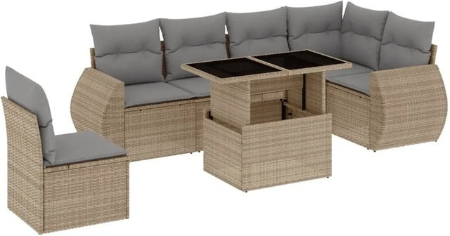 vidaXL 7-teilige Garten-Sofagarnitur in L-Form aus Poly-Rattan mit Kissen in Beige-Grau - Bild 1