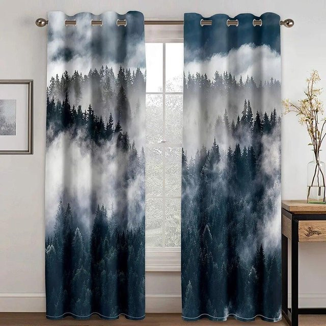 Zweiteiliges Vorhang-Set mit Waldmuster und Dschungelbaum in Blau von Your Warm Home, semi-transparent, Breite: 50 cm, Höhe: 130 cm - Bild 1