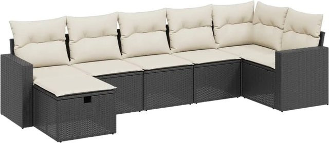 vidaXL 7-tlg Garten-Sofagarnitur aus Poly Rattan in Schwarz mit Kissen und Metallgestell - Bild 1