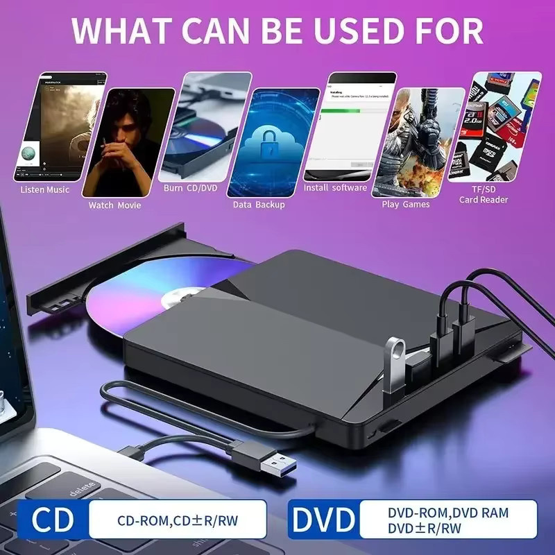 GGBEE 7-in-1 Externes DVD-RW-CD-Laufwerk mit USB-C und USB 3.0, Tragbares Optisches Laufwerk für Laptop und PC, Schwarz - Bild 4