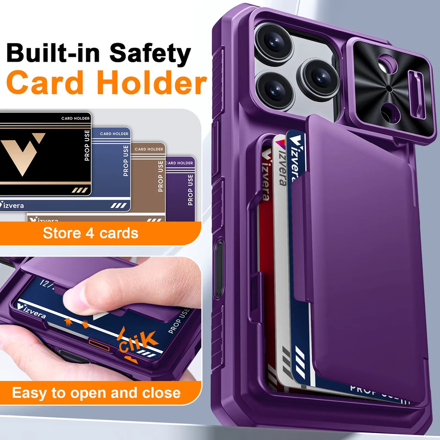 BANGZAO Wallet Case für iPhone 17 Pro mit Kartenhalter, Schiebe-Kameraabdeckung und Standfunktion in Lila - Bild 4