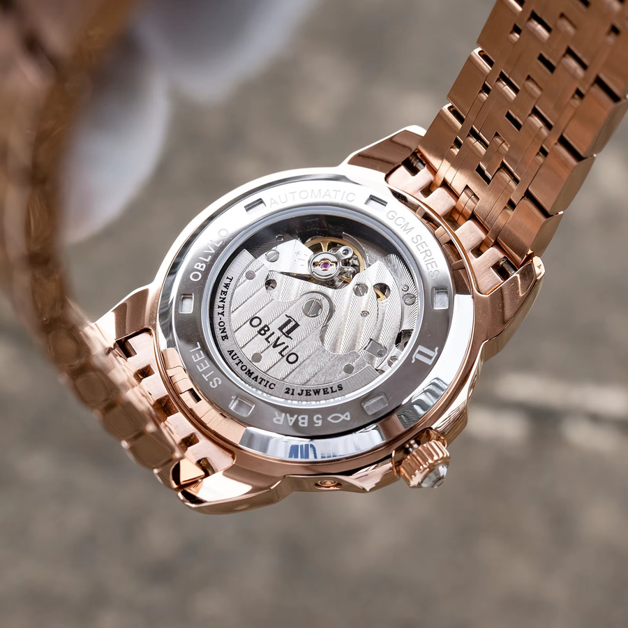 OBLVLO Armbanduhr Mechanisch, Mondphase, Edelstahl, Roségold, Herren - Bild 4
