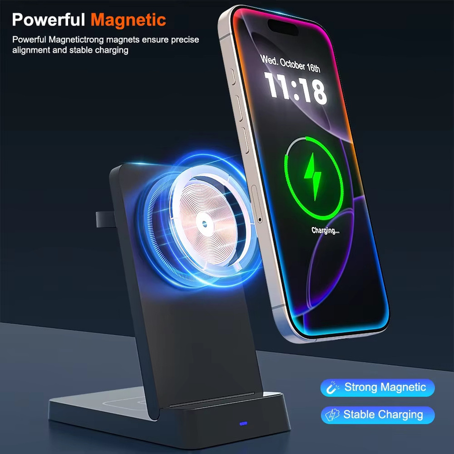 VIKEFON 3-in-1 magnetisches kabelloses Ladegerät, faltbare Schnellladestation für MagSafe iPhone, iWatch und AirPods Pro in Schwarz - Bild 2