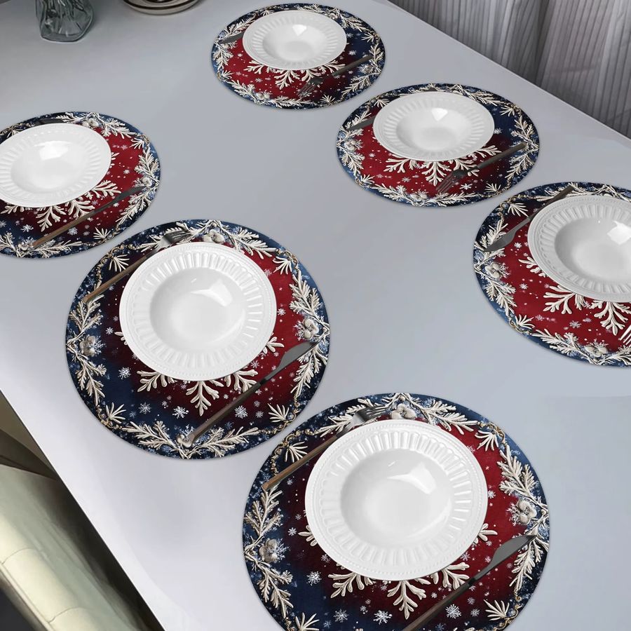 VIKAMA 6-teiliges Tischset-Set mit Schneeflocken-Kiefernzweig in Rot und Multicolor für die Weihnachtsdekoration - Bild 2