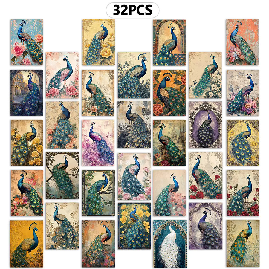 32 Stück Vintage-Postkarten mit Pfauen- und Blumenmotiven in Multicolour aus Papier - Bild 5