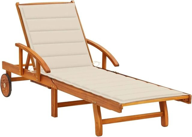 vidaXL Sonnenliege aus Akazien-Massivholz mit Auflage in Cremeweiß und Beige, inklusive verstellbarer Kopfstütze, Seitentisch und Rollen - Bild 1