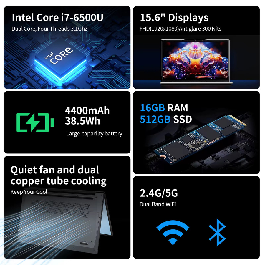 15,6 Zoll Laptop mit Intel i7-6500U, 16 GB RAM und 1 TB SSD, Windows 11, Notebook mit Hintergrundbeleuchtung und Fingerabdrucksensor - Bild 3