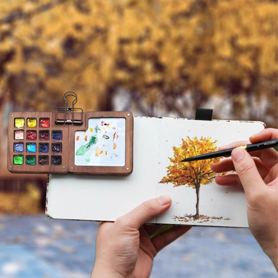Aquarell-Paletten-Set mit Holz-Malbox und Binderclips in Multicolour für Kunstliebhaber - Bild 5