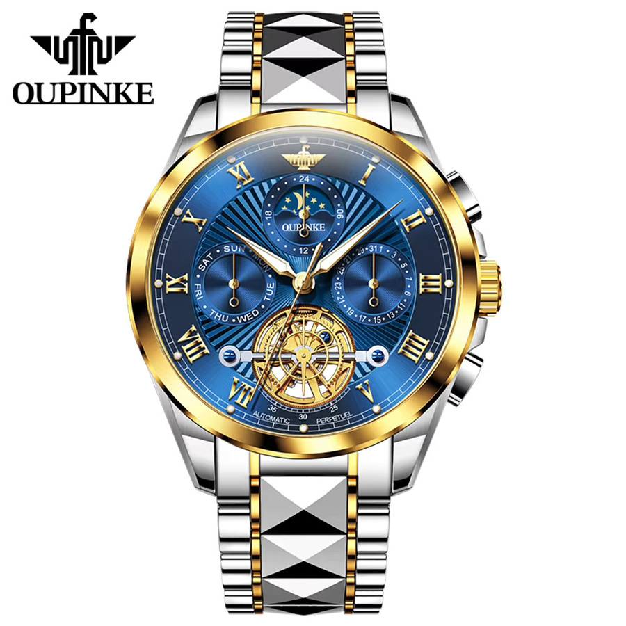 OUPINKE Armbanduhr, Automatik, Edelstahl, Mondphase, Herren, Blau, Gold - Bild 5