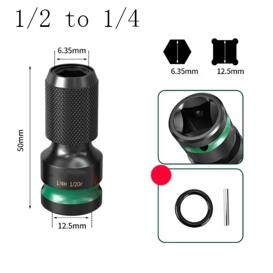 VIBRATITE Steckschlüsseladapter Set für Schlagschrauber Schwarz, Konverter von 1/2 Zoll, 3/8 Zoll und 1/4 Zoll auf 6,35 mm Sechskant zur schnellen Bitaufnahme - Bild 2