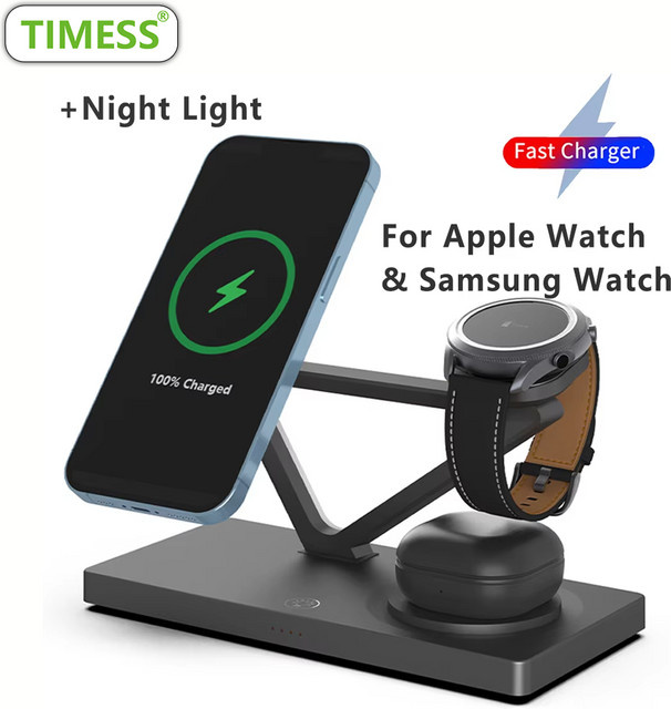 TIMESS 3-in-1 Kabellose Ladestation in Schwarz für iPhone, AirPods und Apple Watch oder Galaxy Watch - Bild 1