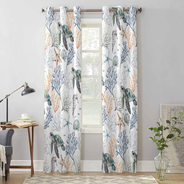 Sommer Ozean Vorhang mit Schildkröten und Korallen Motiv, halbtransparent, Polyester, Mehrfarbig, Breite: 135 cm, Höhe: 60 cm - Bild 1