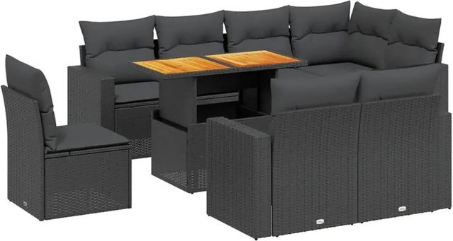 vidaXL 9-tlg Garten-Sofagarnitur in L-Form aus Polyrattan und Akazienholz mit Kissen, Schwarz - Bild 1