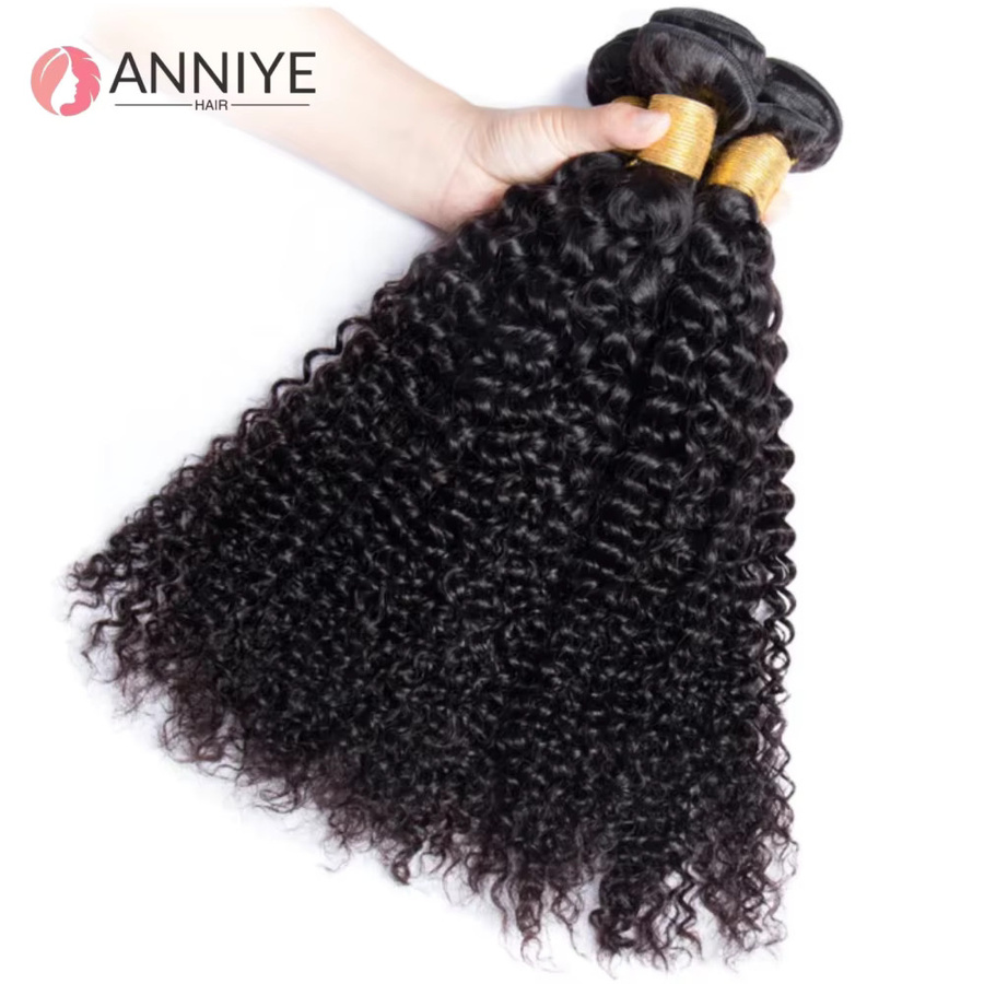 ANNIYE Kinky Curly Bundles mit 4x4 Lace Closure, Remy Echthaarverlängerungen, Naturfarbe - Bild 3