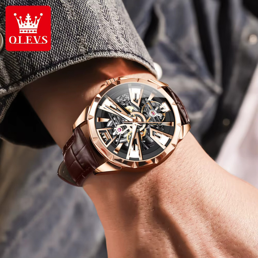 OLEVS Armbanduhr Automatik, Edelstahl, Leder, Schwarz, Herren - Bild 3