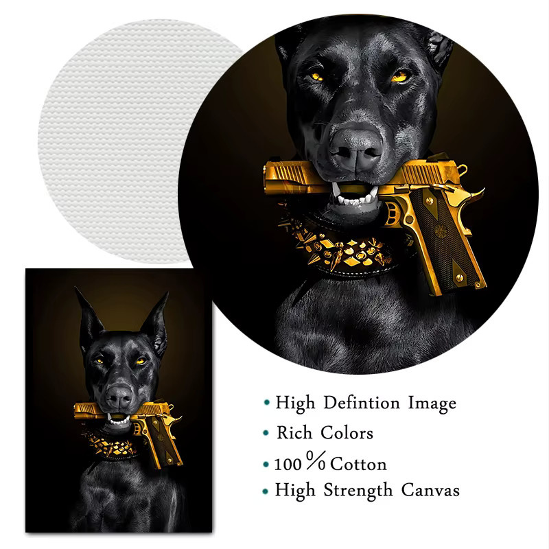 Potdemiel Leinwandmalerei Dobermann und Löwe mit Pistole in Schwarz Modernes Wandbild für dein Zuhause - Bild 3