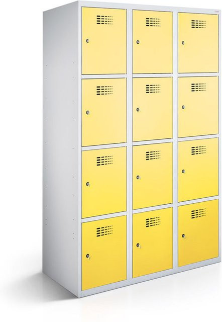 rotstahl Fächerschrank mit 12 Fächern (3x4) in Gelb und lichtgrauem Korpus, B/T/H: 120 x 50 x 180 cm - Bild 1