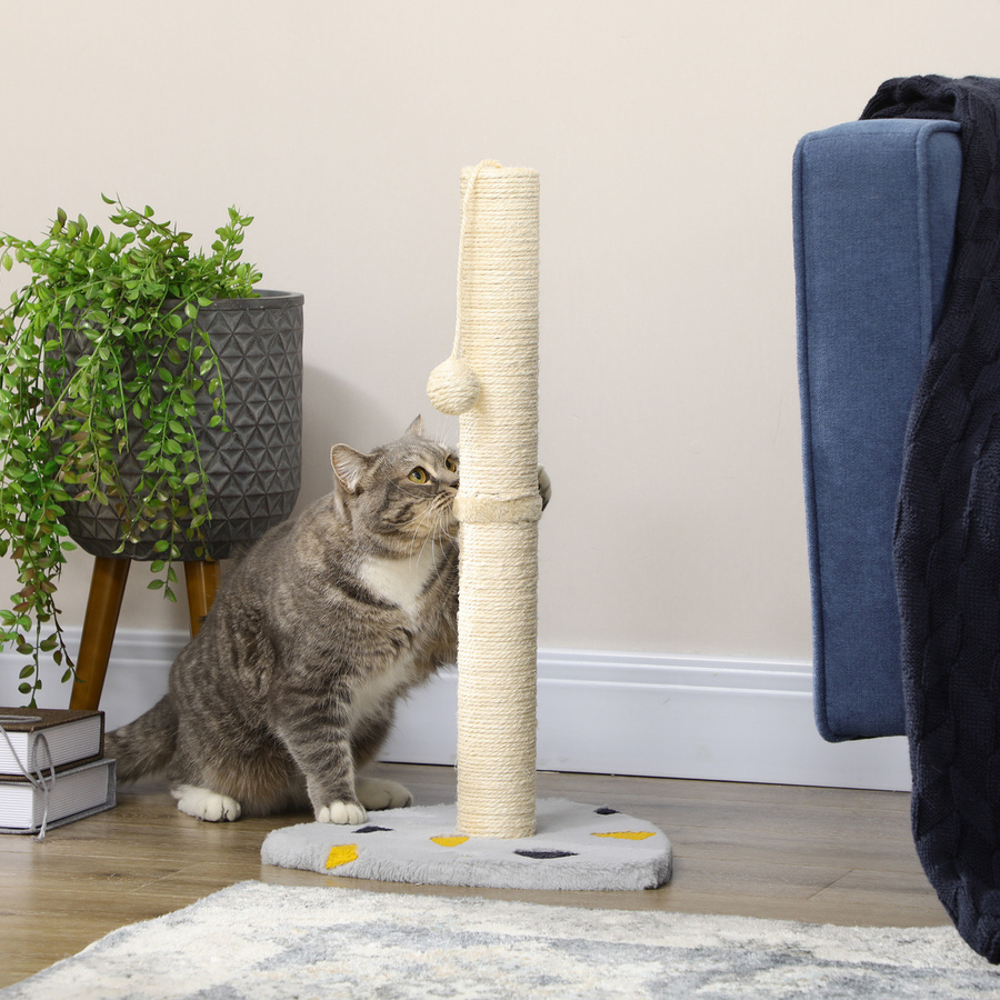 PawHut Kratzmatte für Katzen mit Plüschdesign, Juteseil und integriertem Spielball, Hellgrau und Beige, B/T/H: 35 x 35 x 62 cm - Bild 2